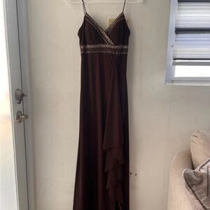 Spaghetti Strap Brown Evening Gown with Embellished Waist
